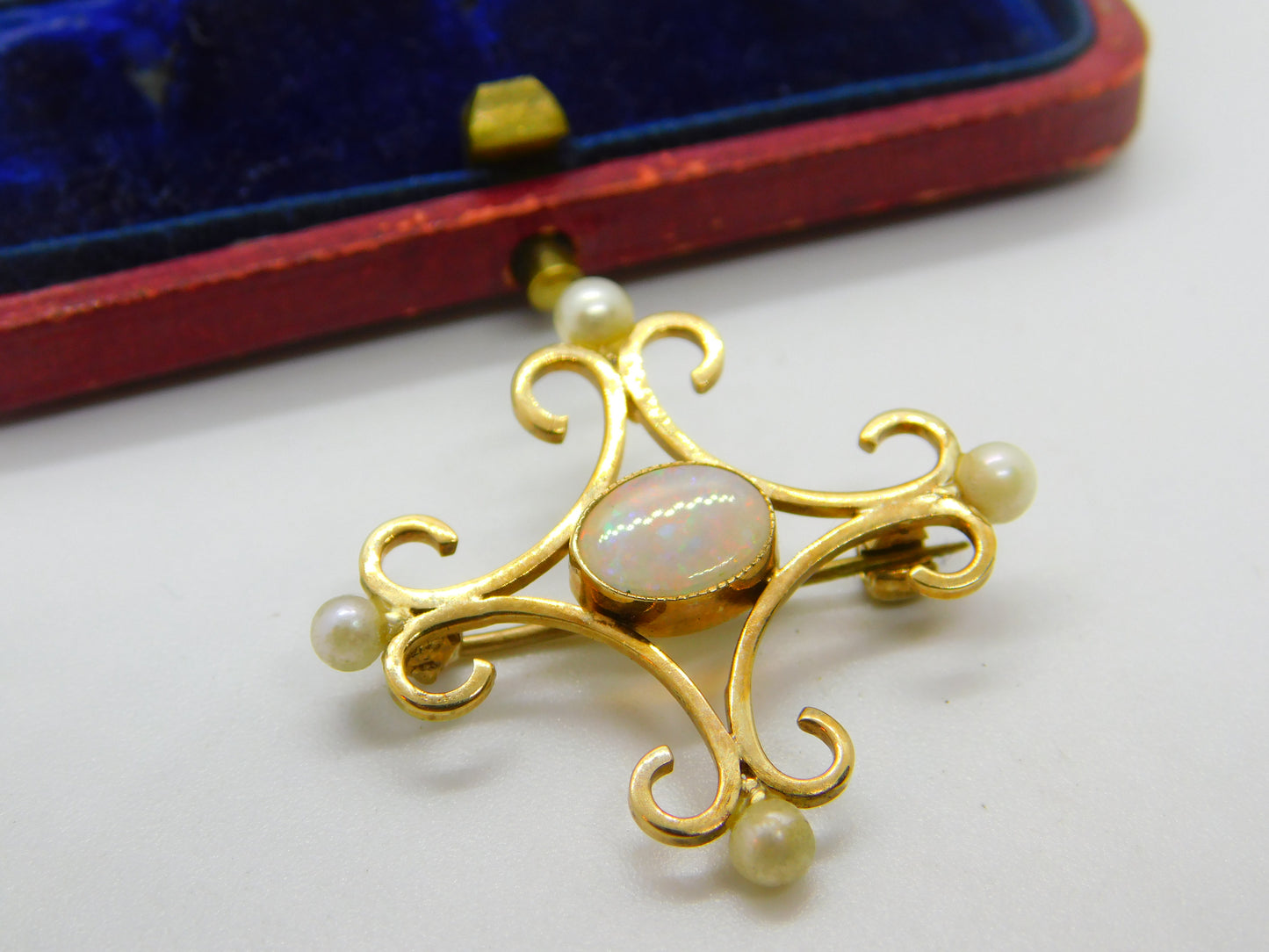 9ct Gold Victorian Style Fire Opal & Pearl Brooch Pendant Vintage 1985 Birmingham