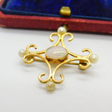 9ct Gold Victorian Style Fire Opal & Pearl Brooch Pendant Vintage 1985 Birmingham