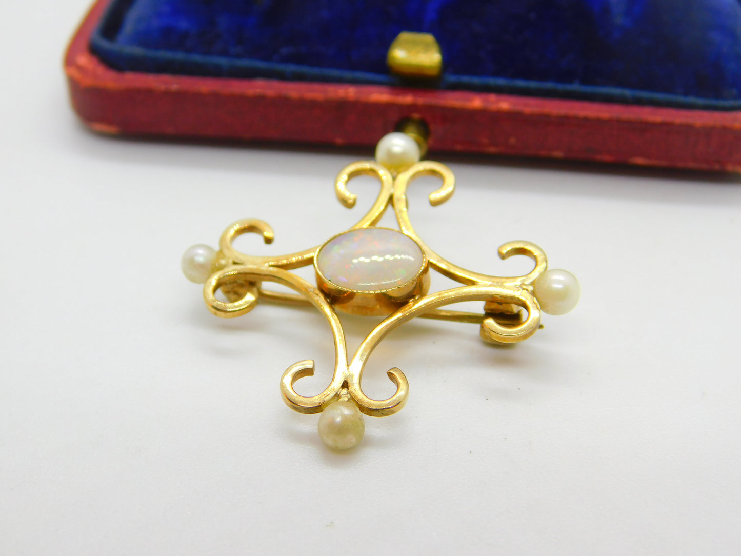 9ct Gold Victorian Style Fire Opal & Pearl Brooch Pendant Vintage 1985 Birmingham