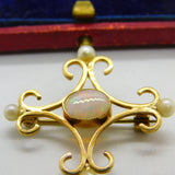9ct Gold Victorian Style Fire Opal & Pearl Brooch Pendant Vintage 1985 Birmingham