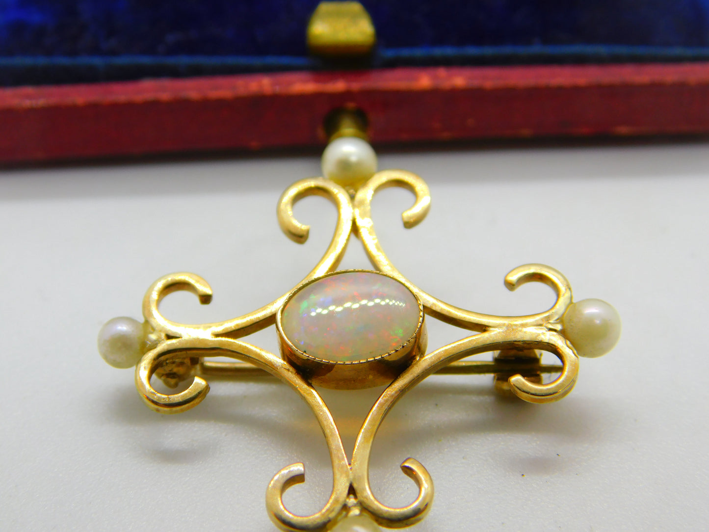 9ct Gold Victorian Style Fire Opal & Pearl Brooch Pendant Vintage 1985 Birmingham