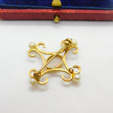 9ct Gold Victorian Style Fire Opal & Pearl Brooch Pendant Vintage 1985 Birmingham