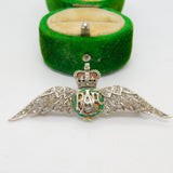 9ct White Gold, Old-Cut Diamond & Enamel RAF Sweetheart Brooch 1956 Vintage