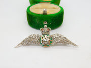 9ct White Gold, Old-Cut Diamond & Enamel RAF Sweetheart Brooch 1956 Vintage