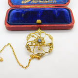 Edwardian 9ct Yellow Gold, Seed Pearl & Sapphire Floral Brooch Pendant c1910