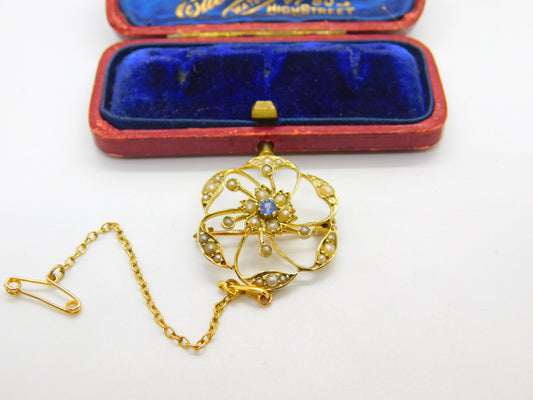 Edwardian 9ct Yellow Gold, Seed Pearl & Sapphire Floral Brooch Pendant c1910