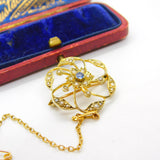 Edwardian 9ct Yellow Gold, Seed Pearl & Sapphire Floral Brooch Pendant c1910