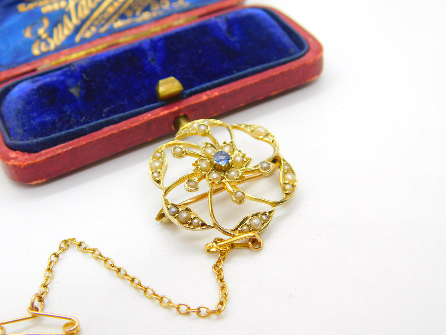 Edwardian 9ct Yellow Gold, Seed Pearl & Sapphire Floral Brooch Pendant c1910