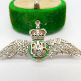 9ct White Gold, Old-Cut Diamond & Enamel RAF Sweetheart Brooch 1956 Vintage