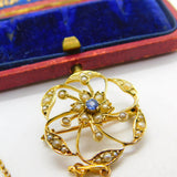 Edwardian 9ct Yellow Gold, Seed Pearl & Sapphire Floral Brooch Pendant c1910