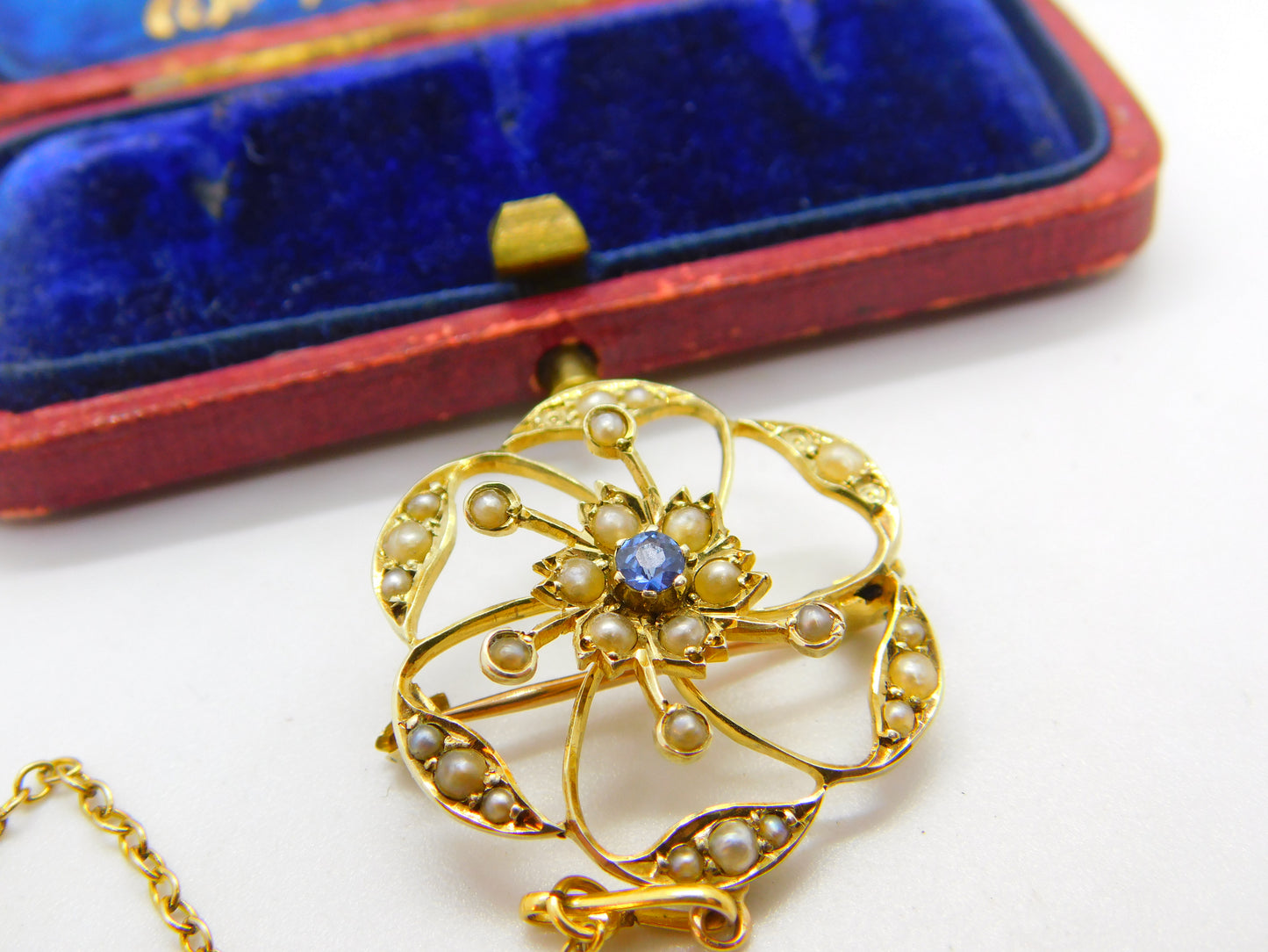 Edwardian 9ct Yellow Gold, Seed Pearl & Sapphire Floral Brooch Pendant c1910