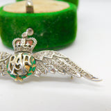 9ct White Gold, Old-Cut Diamond & Enamel RAF Sweetheart Brooch 1956 Vintage