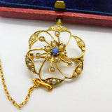Edwardian 9ct Yellow Gold, Seed Pearl & Sapphire Floral Brooch Pendant c1910