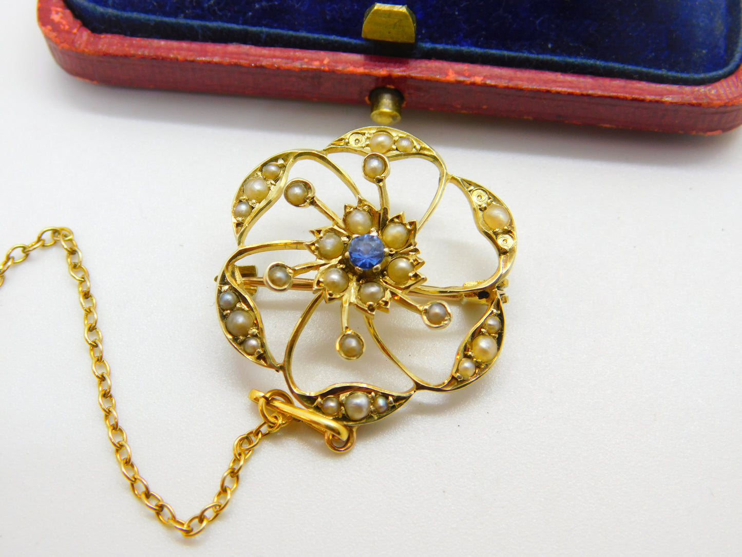 Edwardian 9ct Yellow Gold, Seed Pearl & Sapphire Floral Brooch Pendant c1910