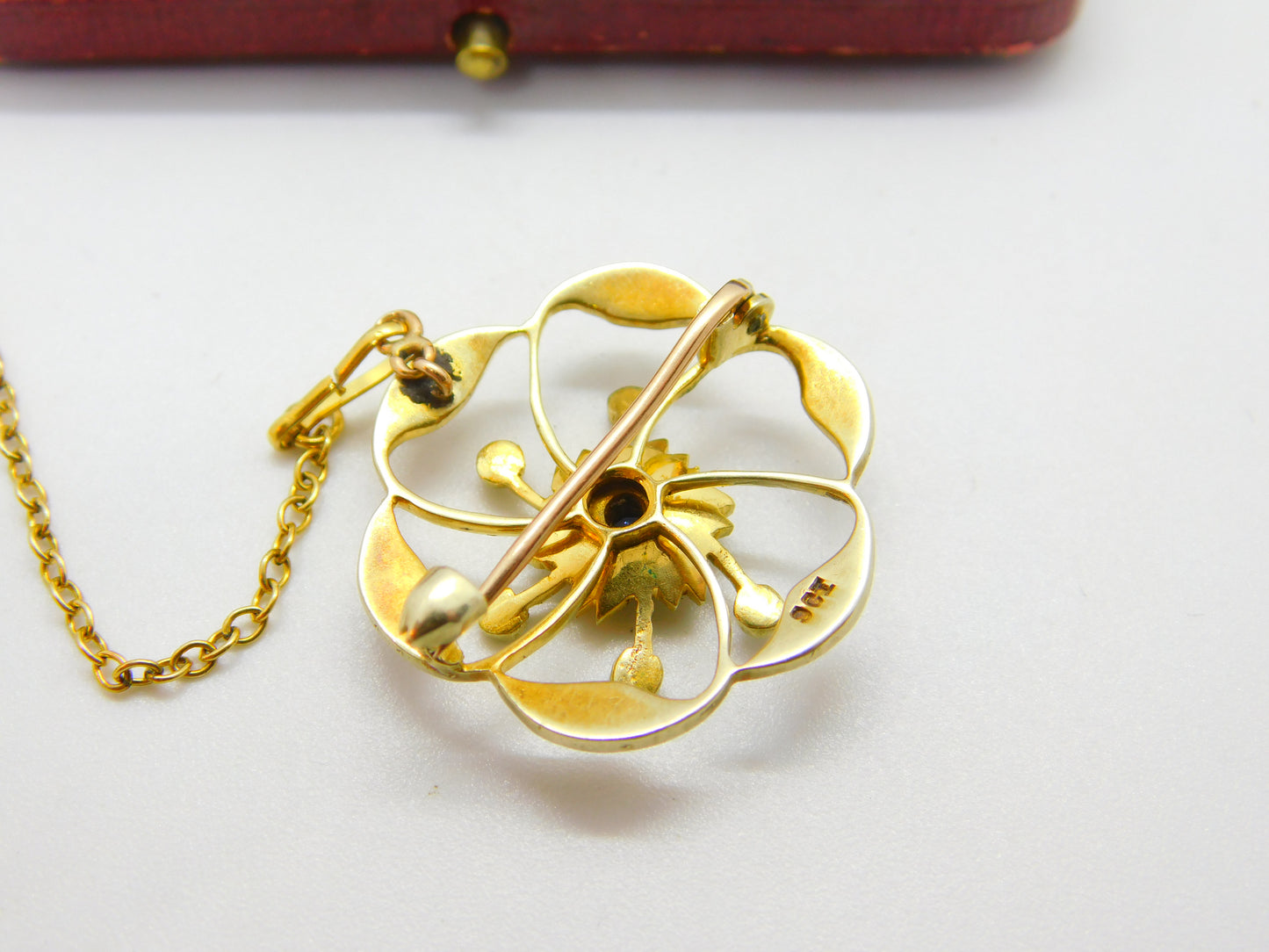 Edwardian 9ct Yellow Gold, Seed Pearl & Sapphire Floral Brooch Pendant c1910