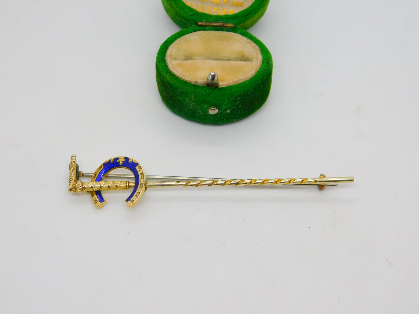 Victorian French 18ct Yellow Gold Blue Enamel Stock Pin Crop Brooch Antique