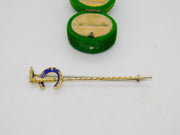 Victorian French 18ct Yellow Gold Blue Enamel Stock Pin Crop Brooch Antique