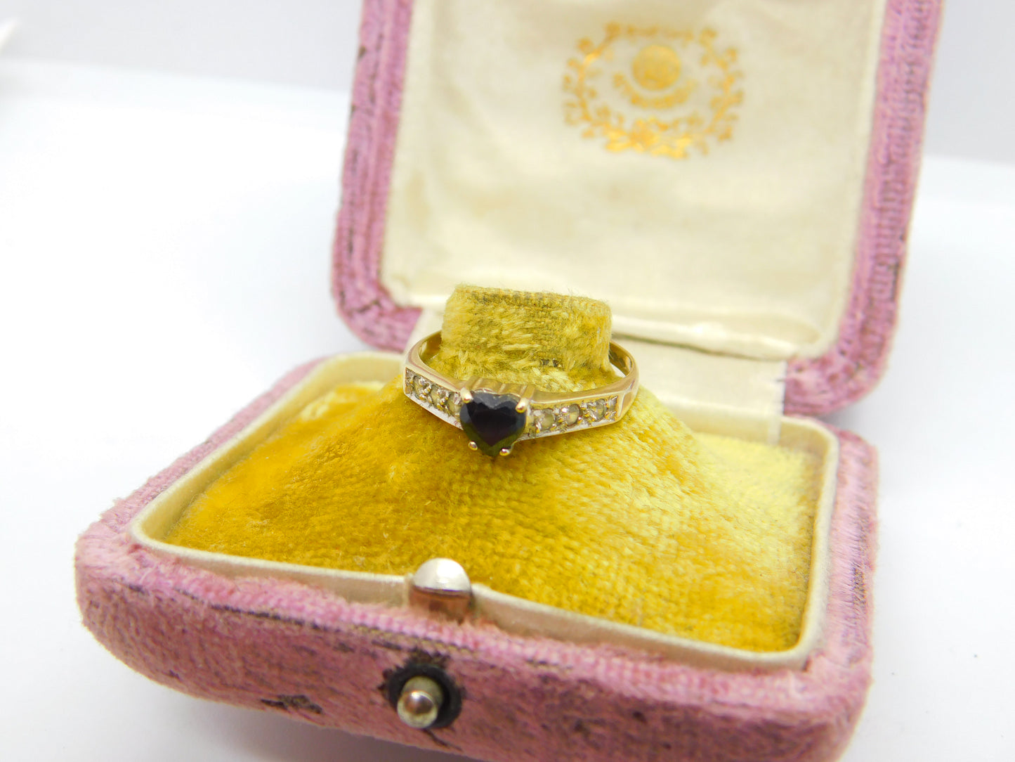 9ct Yellow Gold, Heart Cut Sapphire & Diamond Band Ring 1986 Birmingham Vintage