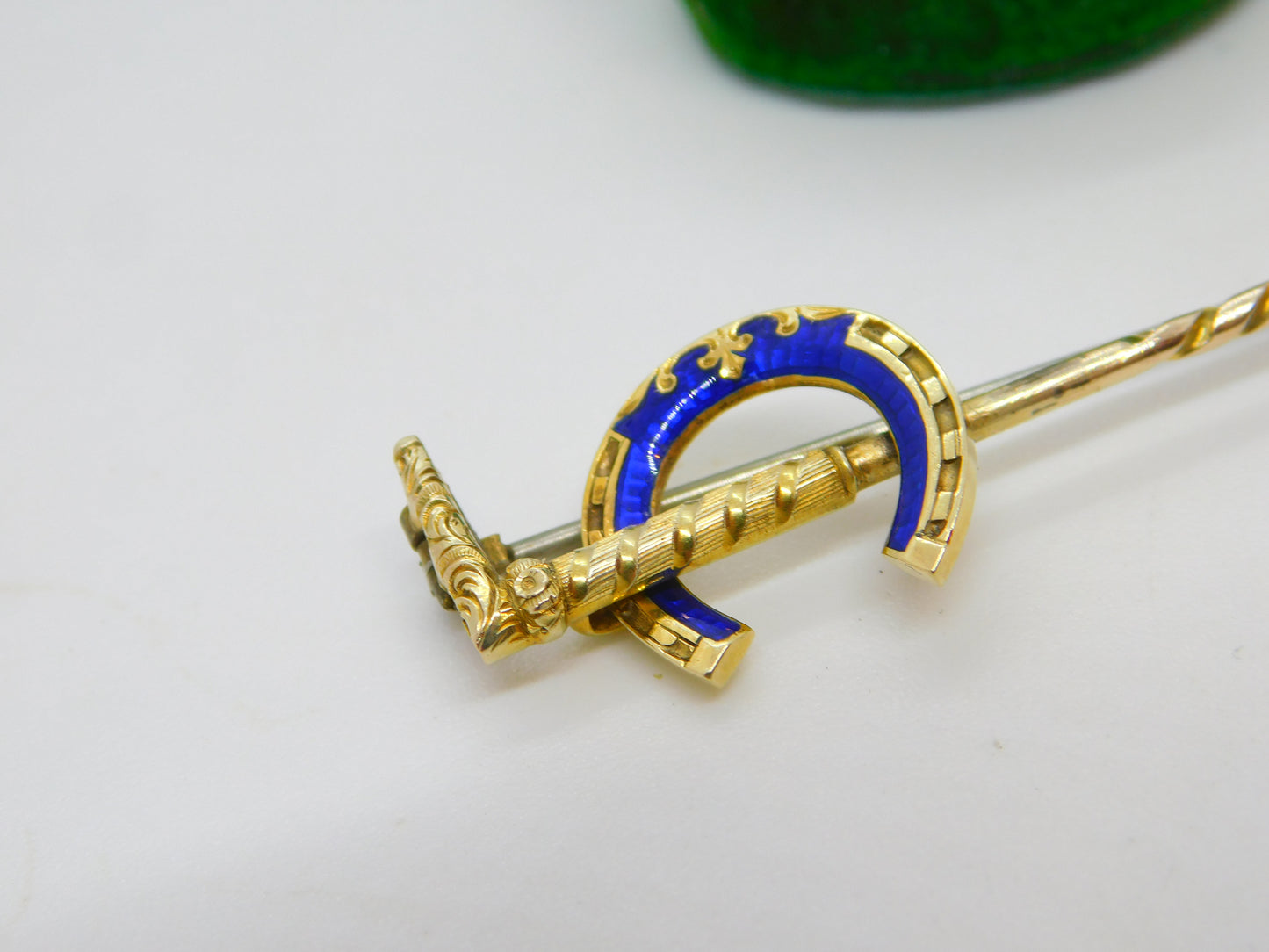 Victorian French 18ct Yellow Gold Blue Enamel Stock Pin Crop Brooch Antique