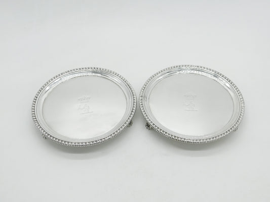 Pair Georgian Sterling Silver Heraldic Crested Salver Dishes London 1803 Antique