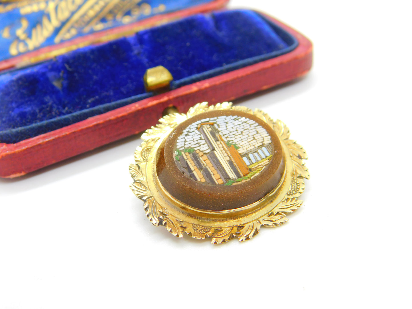 Regency Grand Tour 15ct Gold & Goldstone Set Micro Mosaic Locket Brooch c1830