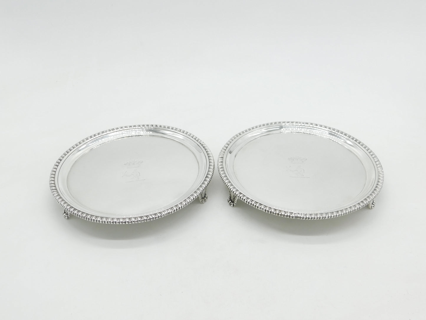 Pair Georgian Sterling Silver Heraldic Crested Salver Dishes London 1803 Antique