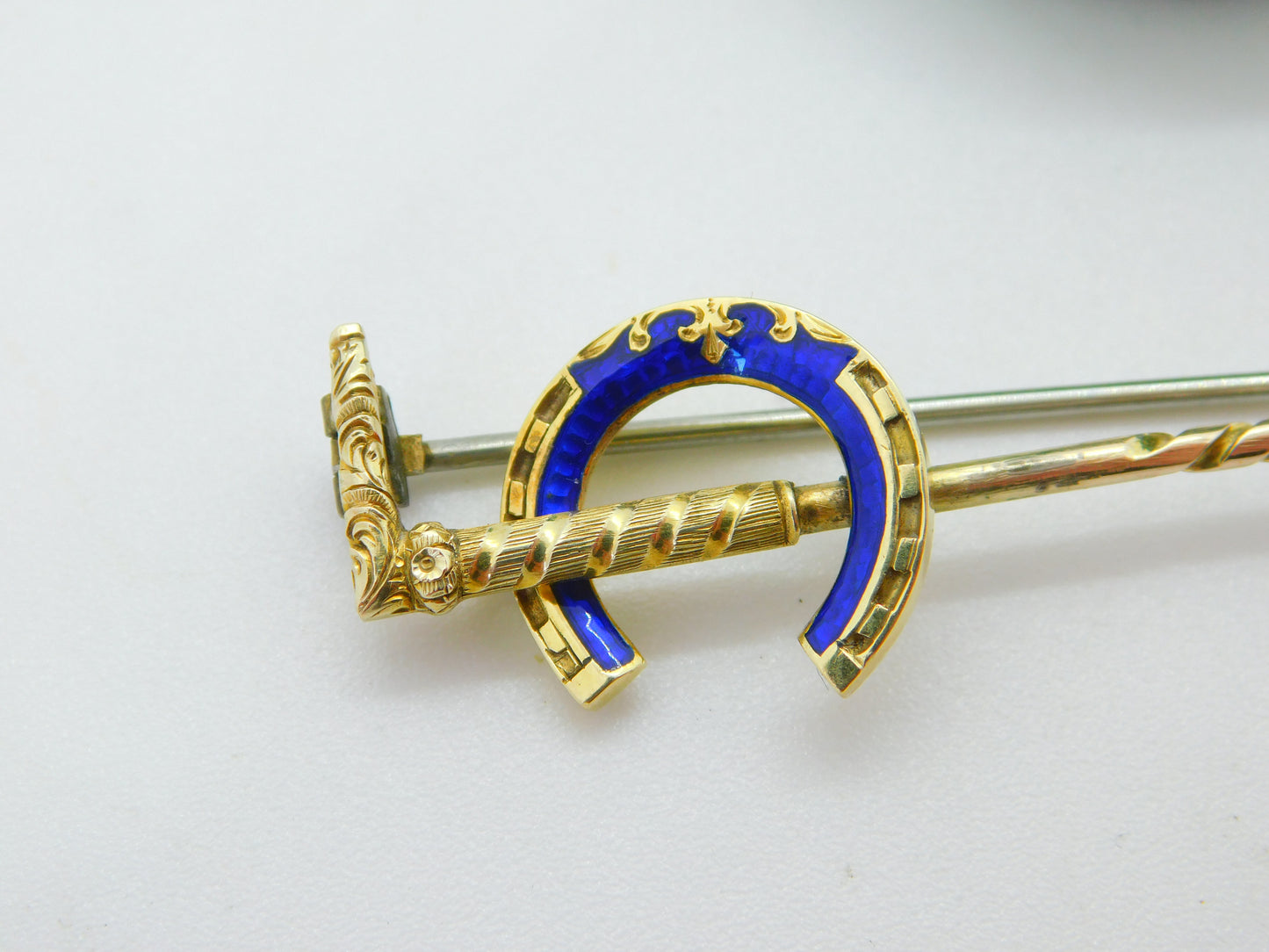Victorian French 18ct Yellow Gold Blue Enamel Stock Pin Crop Brooch Antique