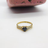 9ct Yellow Gold, Heart Cut Sapphire & Diamond Band Ring 1986 Birmingham Vintage