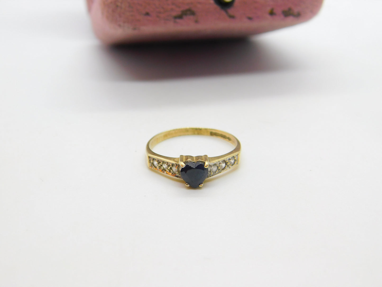 9ct Yellow Gold, Heart Cut Sapphire & Diamond Band Ring 1986 Birmingham Vintage