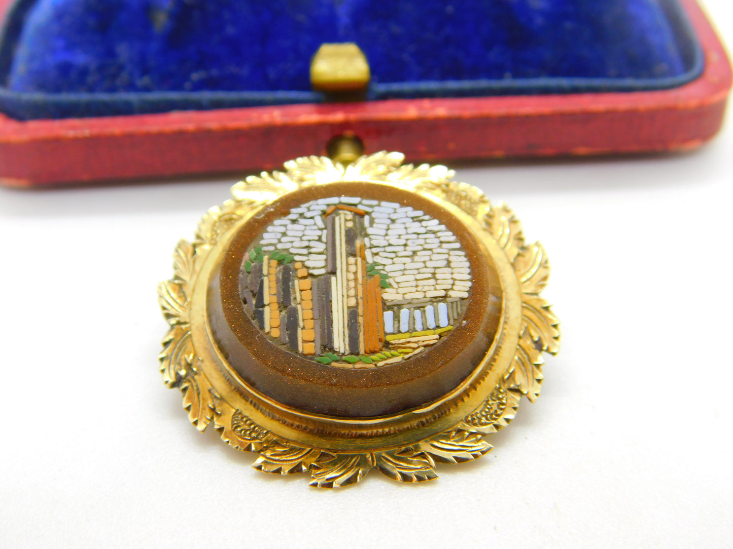 Regency Grand Tour 15ct Gold & Goldstone Set Micro Mosaic Locket Brooch c1830