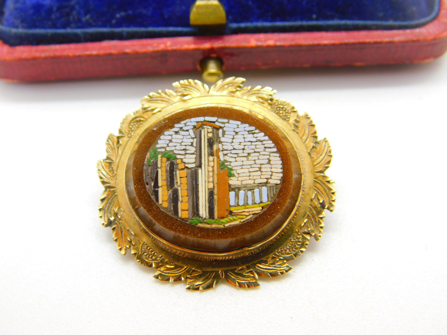 Regency Grand Tour 15ct Gold & Goldstone Set Micro Mosaic Locket Brooch c1830