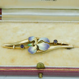 Art Nouveau Boxed 15ct Gold, Enamel & Amethyst Iris Flower Brooch Antique