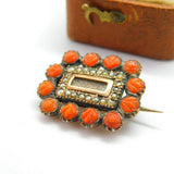 Georgian 9ct Gold, Carved Red Coral, Seed Pearl & Hair Set Mourning Brooch c1820