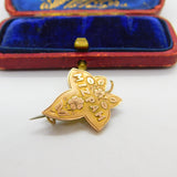 Edwardian 9ct Yellow Gold Mizpah Ivy Leaf Sweetheart Brooch Antique c1910