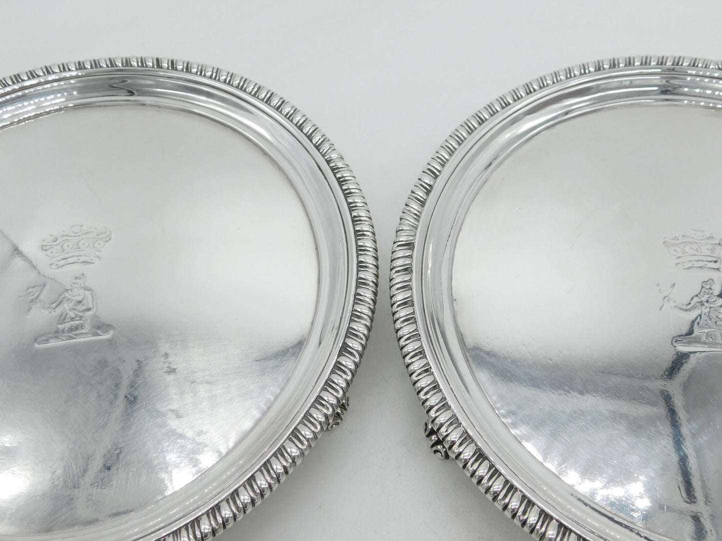 Pair Georgian Sterling Silver Heraldic Crested Salver Dishes London 1803 Antique