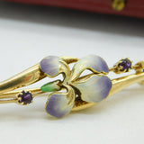 Art Nouveau Boxed 15ct Gold, Enamel & Amethyst Iris Flower Brooch Antique