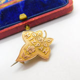 Edwardian 9ct Yellow Gold Mizpah Ivy Leaf Sweetheart Brooch Antique c1910