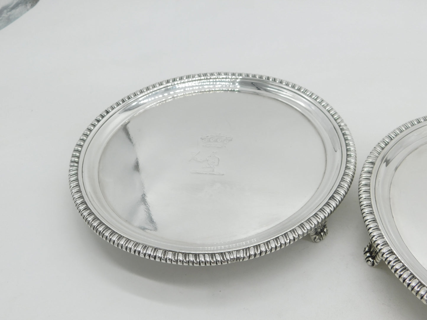 Pair Georgian Sterling Silver Heraldic Crested Salver Dishes London 1803 Antique