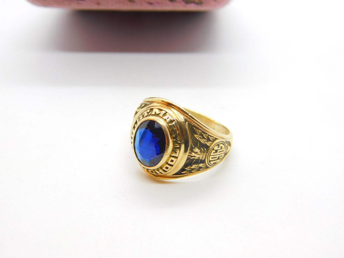 American 10ct Gold & Sapphire Paste St Mary High School Graduation Ring Class of 1965