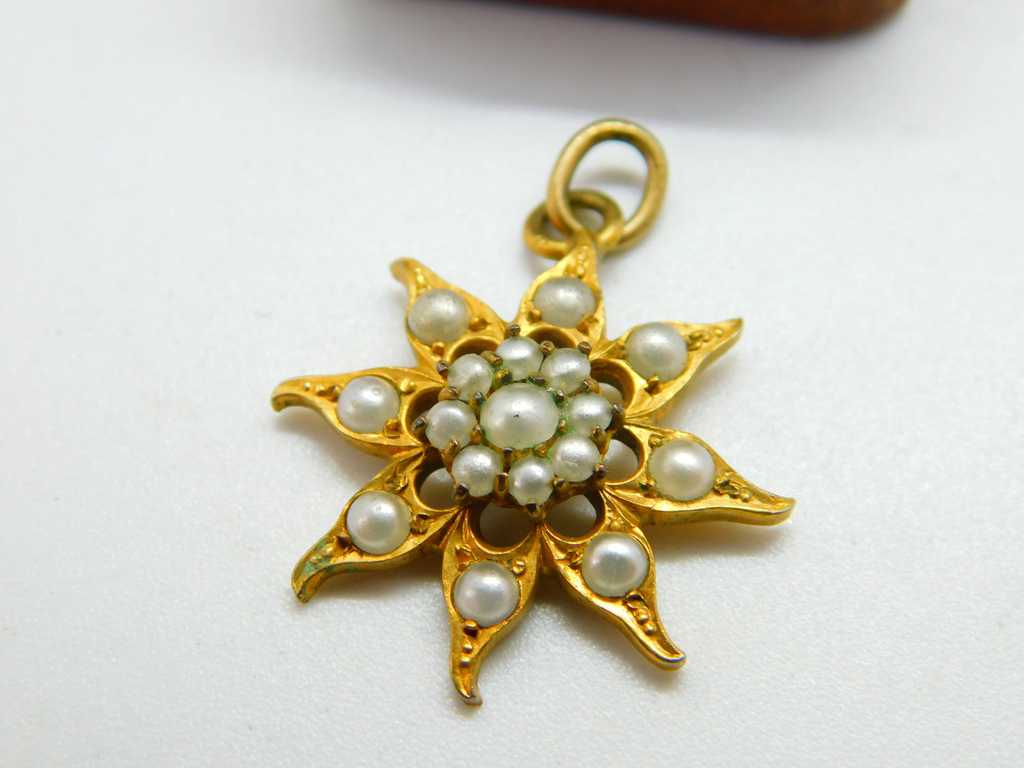 Victorian Pinchbeck & Pearl Set Starburst Drop Pendant c1890 Antique