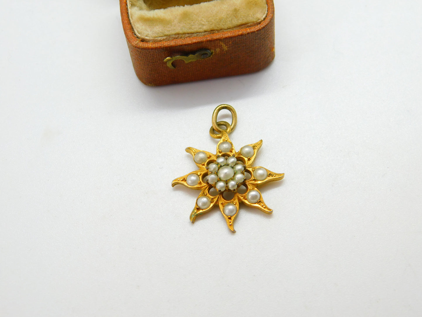 Victorian Pinchbeck & Pearl Set Starburst Drop Pendant c1890 Antique