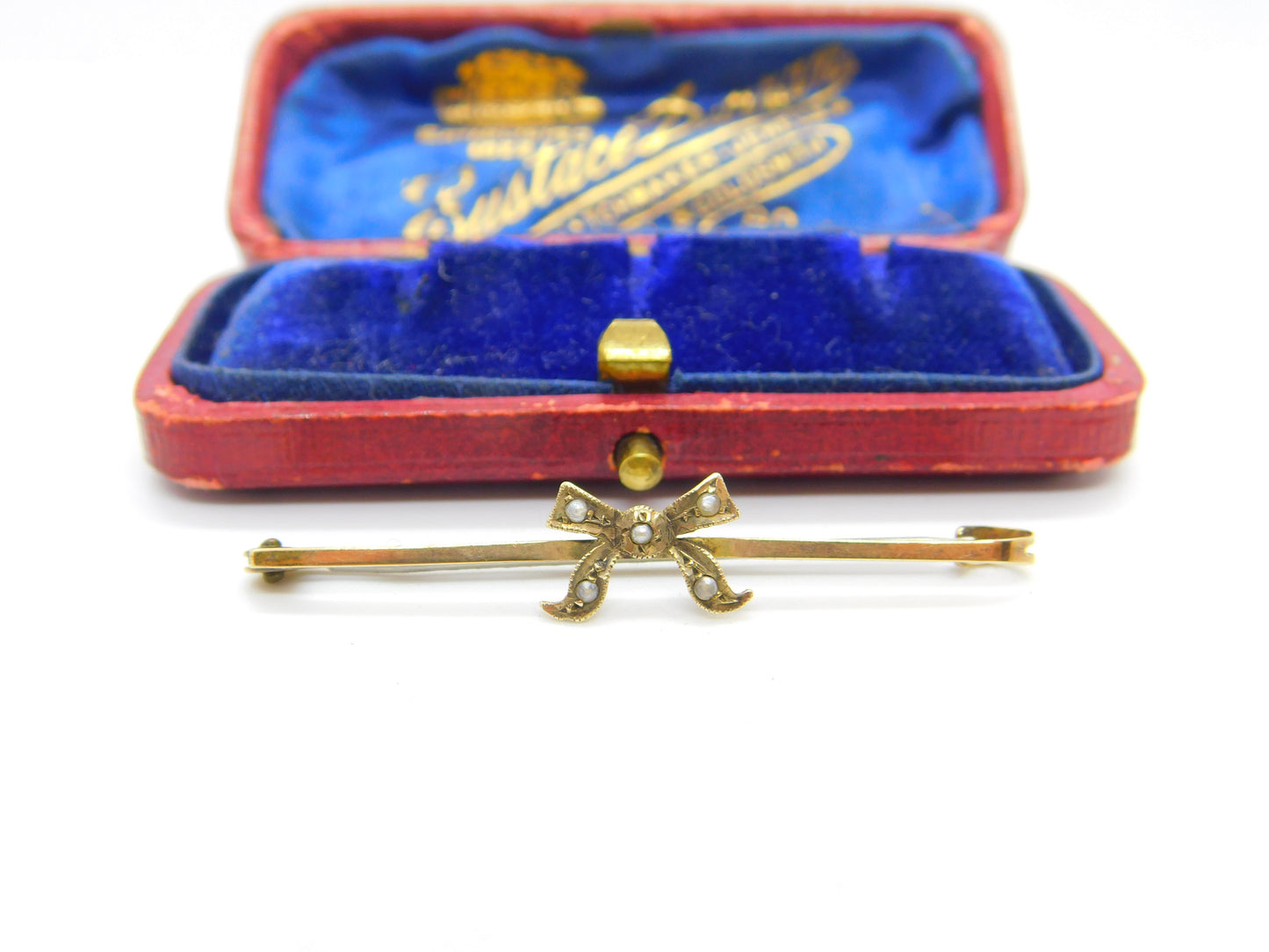 Edwardian 9ct Yellow Gold & Seed Pearl Set Ribbon Sweetheart Brooch Antique 1910