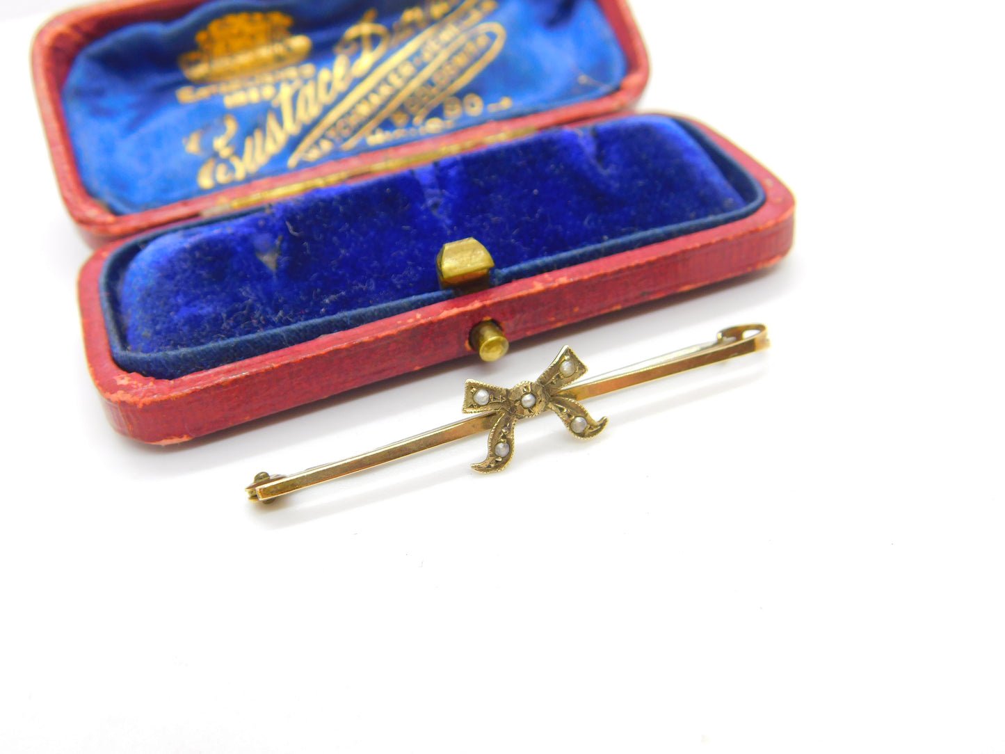 Edwardian 9ct Yellow Gold & Seed Pearl Set Ribbon Sweetheart Brooch Antique 1910