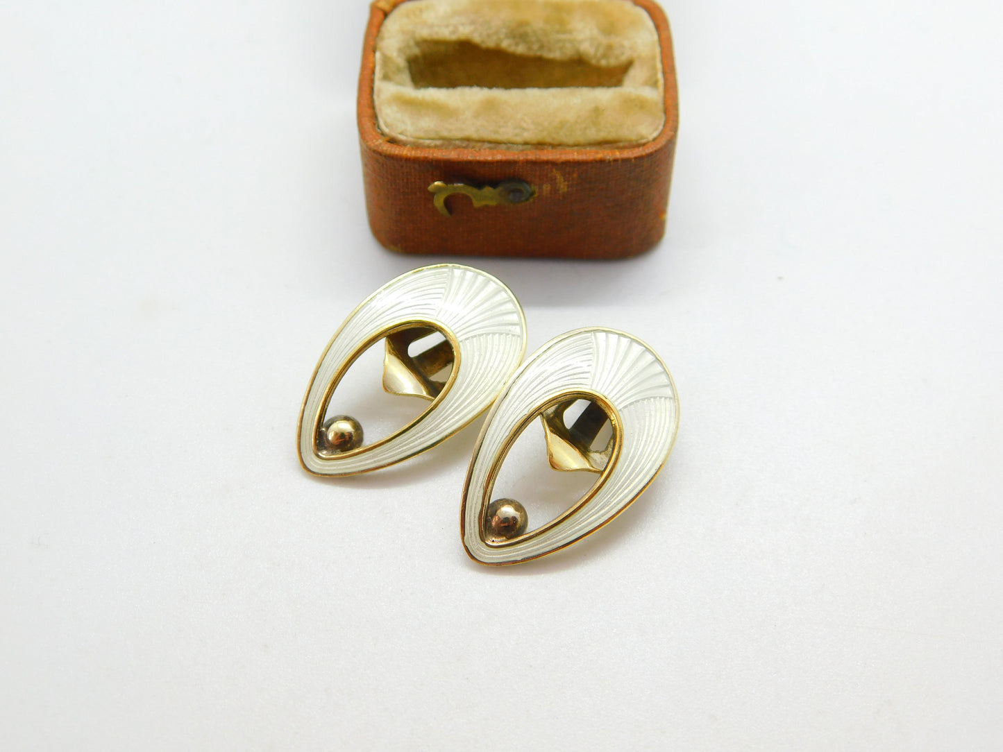 Danish Jemax Sterling Silver White Guilloche Enamel Clip-On Earrings c1940