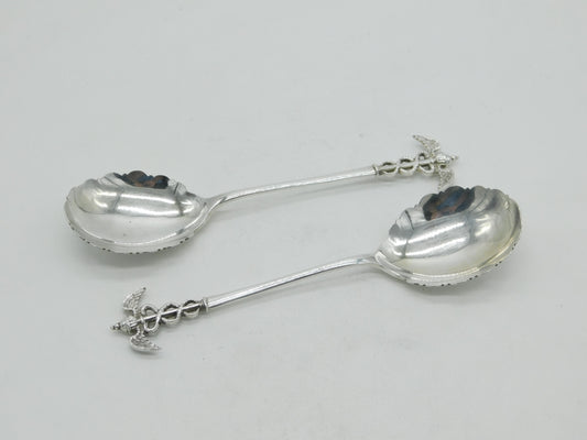 Pair Edwardian Sterling Silver Caduceus Serving Spoons Antique 1903 Sheffield