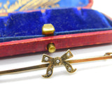 Edwardian 9ct Yellow Gold & Seed Pearl Set Ribbon Sweetheart Brooch Antique 1910