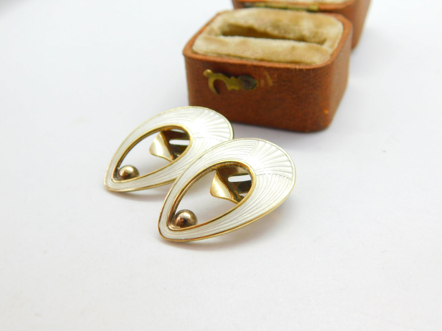 Danish Jemax Sterling Silver White Guilloche Enamel Clip-On Earrings c1940