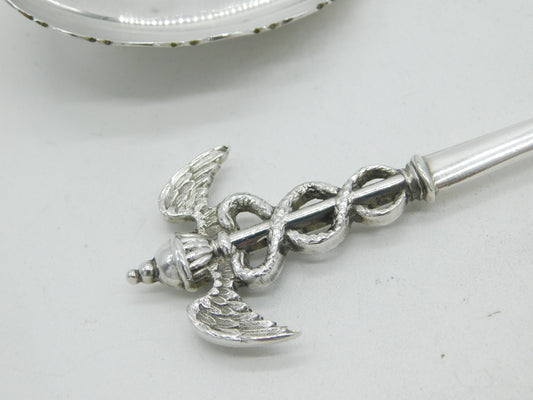 Pair Edwardian Sterling Silver Caduceus Serving Spoons Antique 1903 Sheffield