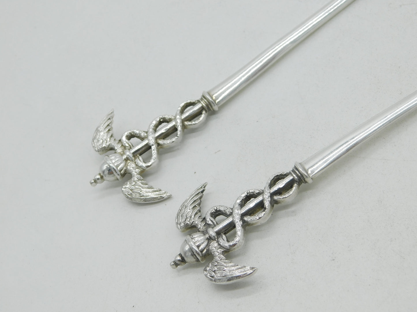 Pair Edwardian Sterling Silver Caduceus Serving Spoons Antique 1903 Sheffield