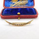 9ct Yellow Gold & Seed Pearl Crescent Moon Sweetheart Brooch Antique 1912